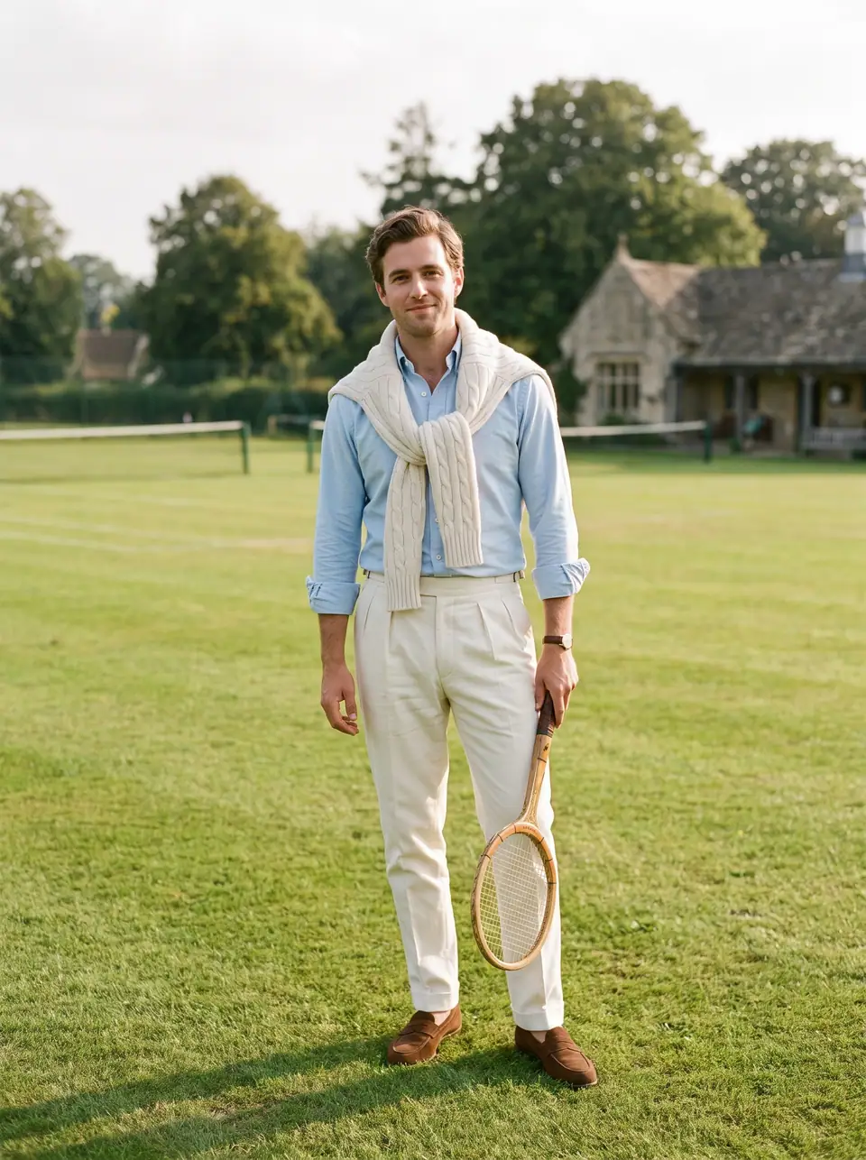 A man in a pale blue oxford shirt, a cream cable knit over the shoulders and cream trousers holds a wooden racket on a grass court.