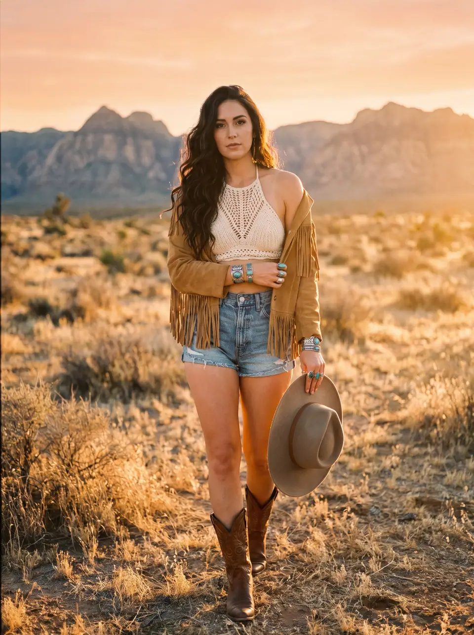 A woman in a fringed suede jacket, a crochet halter, denim shorts and cowboy boots holds a felt hat in the desert at golden hour.