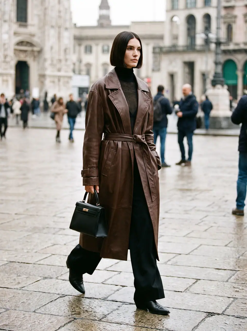 A woman with a sleek bob in a belted brown leather trench and black trousers carries a black top-handle bag across a Milan piazza.