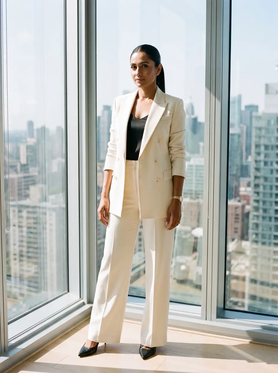 A woman in a cream double-breasted suit over a black top stands by floor-to-ceiling windows high above the city.