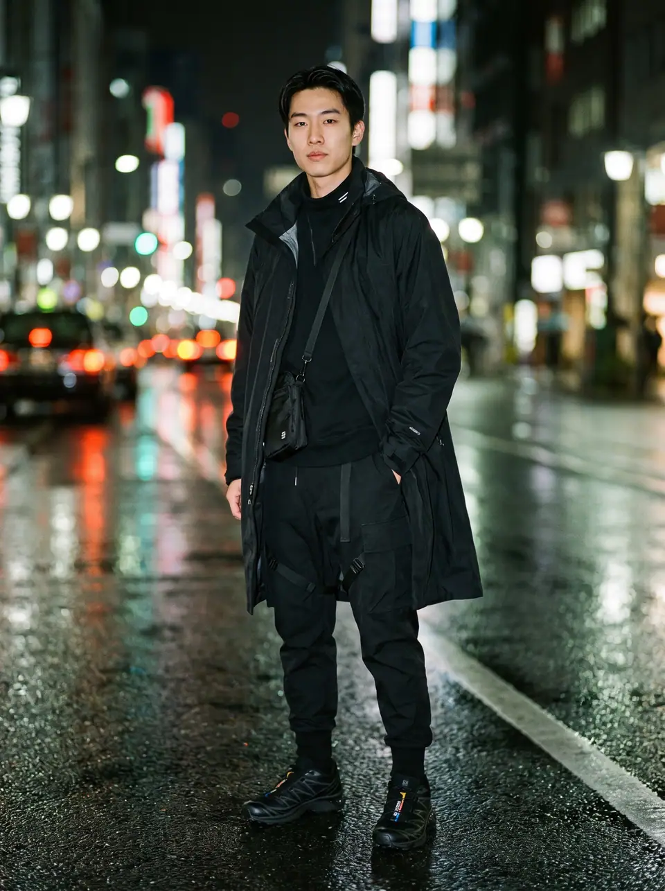 A man in a long black technical parka, black cargo trousers and boots stands on a wet, neon-lit street at night.