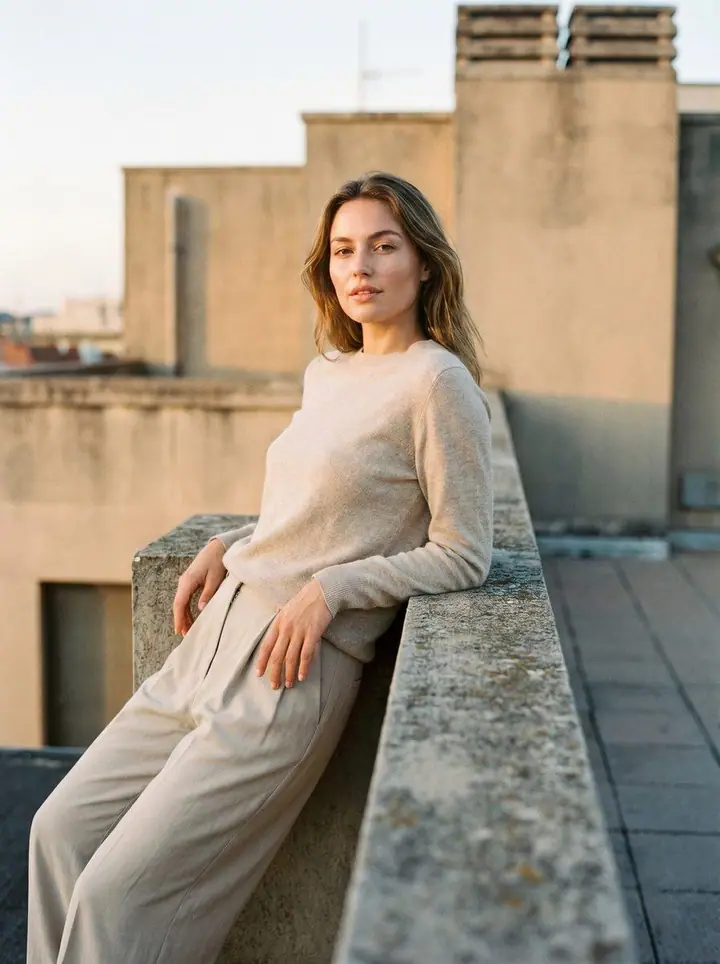 An example of a photo you might upload: a woman in an oatmeal knit and wide grey trousers on a rooftop.