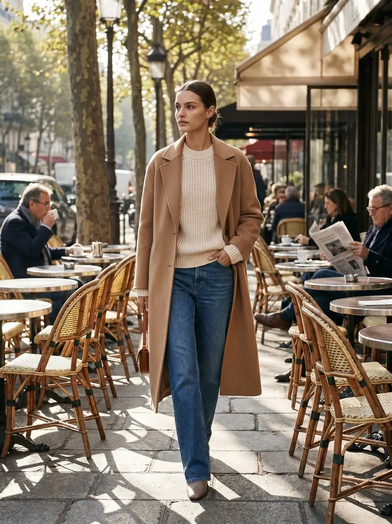 The same woman walks past a Paris café terrace in a long camel coat, a cream knit and straight blue jeans.